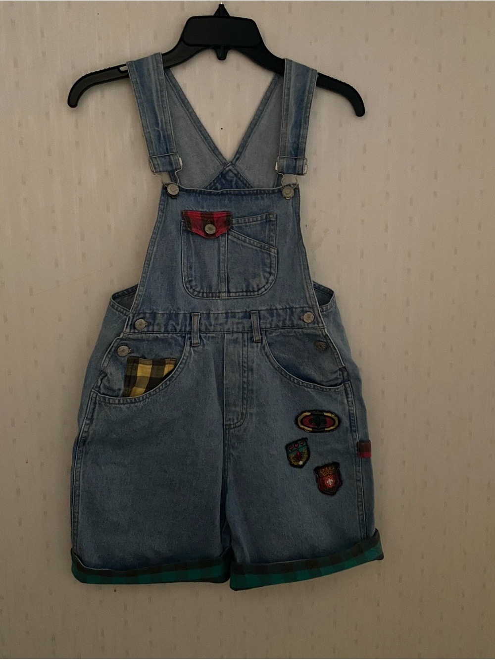 Light Wash Denim Kids Short Overalls with Patch Accents